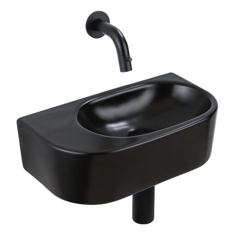 QeramiQ Fuente Ensemble de Lavabo - 40x21.5x12cm - lisse - demi-rond - céramique - ensemble de robinet noir mat - bouchon de vidange - siphon abaissé