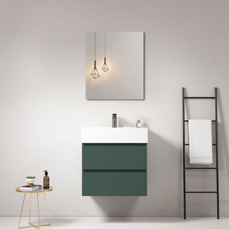 Mobile bagno sospeso cannettato 60 cm Verde Comodoro Lavabo in Resina Specchio Quadro - Fiji Paint