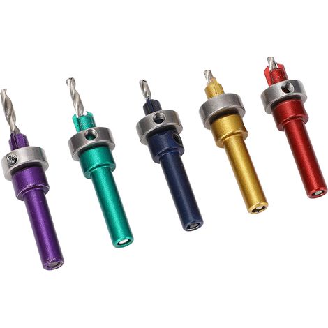 Ensemble 5 Forets Fraise à Chanfreiner Bois Réglables 2,8-4,0 mm Queue Conique pour Perçage Menuiserie 5 Couleurs (1/5)