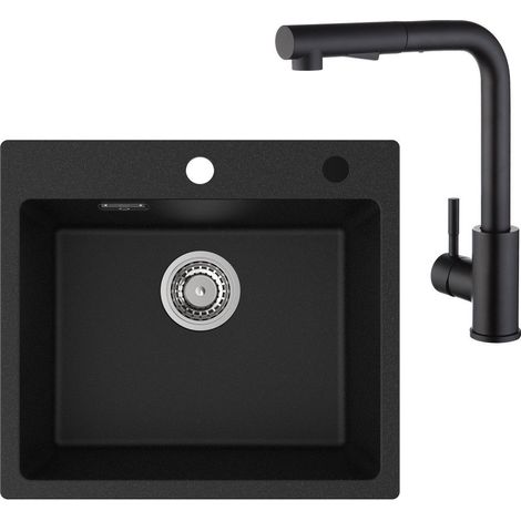 CECIPA MAX Spülbecken mit 1 Becken 50×45CM Granitspüle Anthrazitschwarz + Küchenarmatur mit 2 Strahlarten Schwarz ausziehbarer Spültischarmatur (1/5)