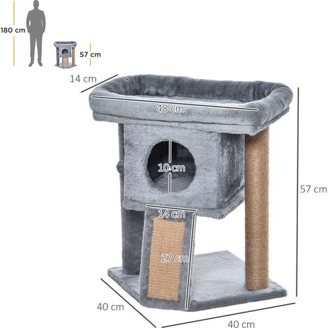 Arbre à chat 57 cm. Petite tour à chat avec grotte, balle de jeu, grande plateforme, griffoir et arbre à chat, pour chats jusqu'à 5 kg. Gris clair. (1/5)