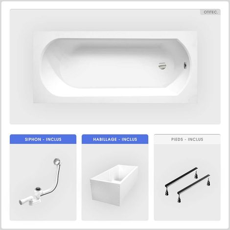 Baignoire rectangulaire - 160 x 75 cm - avec Habillage Polystyrène - Pieds - Vidage Chrome - INTRICA SLIM (1/5)