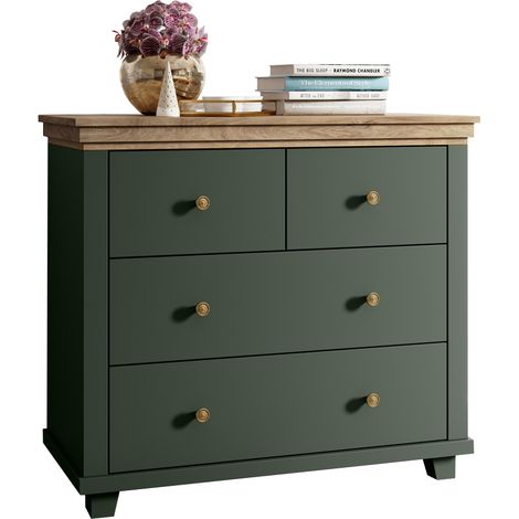 Kommode Landhausstil EPSOM-83 mit 4 Schubladen, in grün mit Lefkas Eiche Nb., B/H/T: ca. 90/80,5/42 cm (1/5)