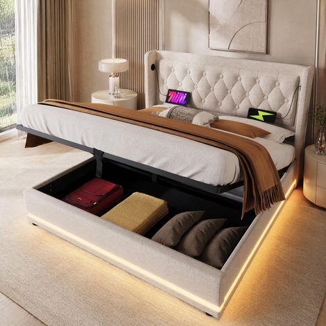 Letto con testiera beige 160x200 cm con ricarica USB-C, LED e vano idraulico (1/5)