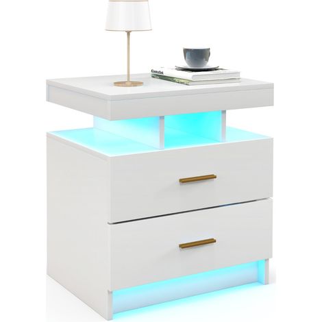 Mesita de noche con iluminación LED 50 x 40 x 58 cm práctico y moderno espacio de almacenamiento ambiente acogedor madera de ingeniería blanca 200020020