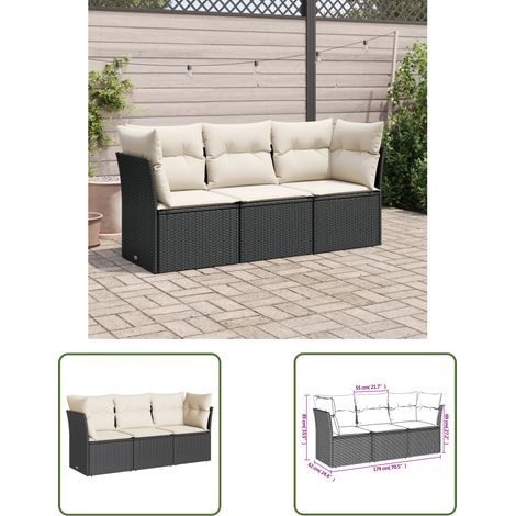 The Living Store Salon de jardin 3 pcs avec coussins noir résine tressée - Ensemble Salon De Jardin - Mobilier Extérieur - Canapé Jardin - Résine Tressée - Rotin Synthétique (1/3)