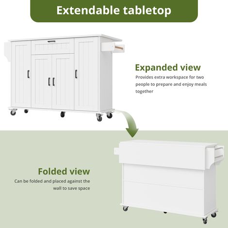 Îlot de cuisine blanc 4 portes 1 tiroir plan rabattable desserte roulettes étagères épices porte-serviettes 120x45(70)x95 cm