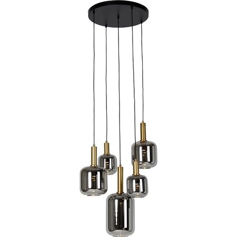 Hängelampe schwarz mit Gold mit Rauchglas inkl. 5 PUCC - Zuzanna (1/4)