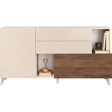 CARLO - Buffet 2 portes 2 Tiroirs Beige Laqué Beige et Aspect Bois Finition Mercure (1/3)