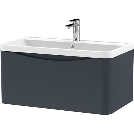 Nuie Lunar Satin Soft Black 800mm Wall Hung Single Drawer Vanity Unit and Polymarble Basin - LUN1406 (1/3)