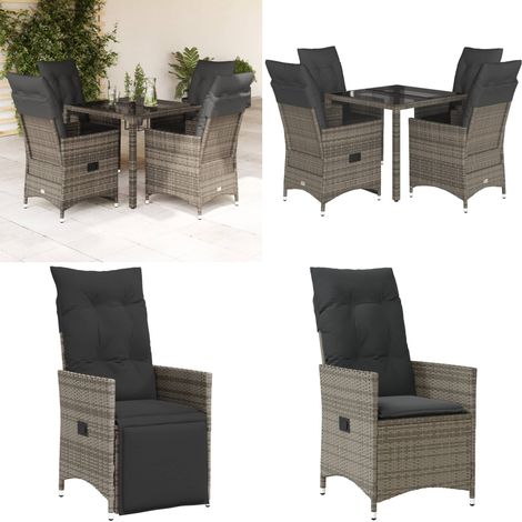 Ensemble à manger de jardin 5 pcs coussins gris résine tressée - Fauteuil de jardin - Table de jardin (1/5)