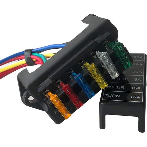 6 Way Fuse Box with Cables, Universal Standard Blade Fuse Holder, Car Fuse Block, with 10 Standard Blade Fuses (12V/24V/32V/48V) (1/5)