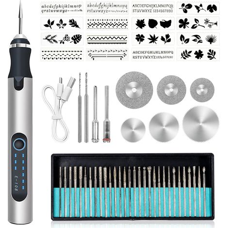 1 Stylo Graveur, 3 Vitesses, Moteur Cuivre, 58 Accessoires, USB, Bijoux Bois Métal (1/5)