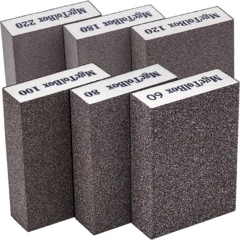 Kit de polissage avec 6 éponges à poncer et blocs de ponçage (grains 60/80/100/120/180/220). Caractéristiques : lavables et réutilisables. (1/5)