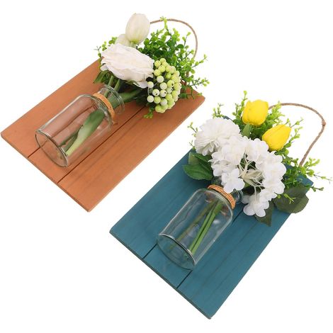 Lot de 2 Vases Muraux en Verre avec Fond en Bois, Décoration Murale pour Chambre à Coucher et Salon, Fleurs Artificielles Résistantes la Décoloration, Style Côtier Polyvalent, (1/5)