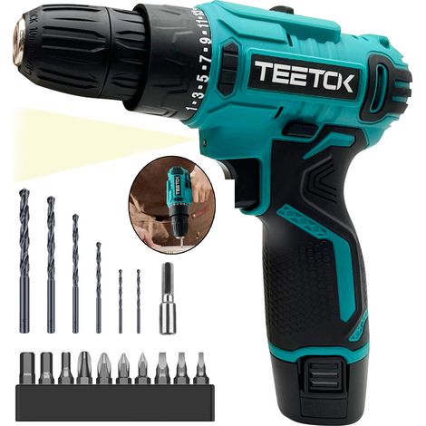 Teetok – Perceuse-visseuse sans fil 12V avec 1 batterie 1500mAh – Couple 45Nm – Mandrin 3/8'' sans clé – Vitesse 0-1400 tr/min pour perçage précis