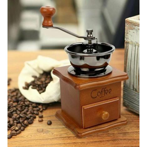 Moulin à café manuel en bois marron rétro Moulin à café à manivelle portable Moulin à expresso de conception antique pour grains de café Ciseau en acier inoxydable (1/4)