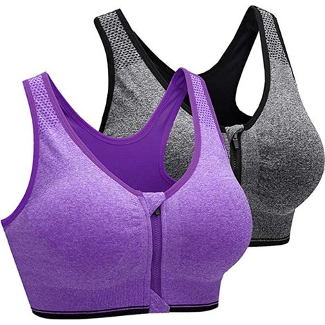 Soutien-gorge de sport pour femme avec fermeture éclair sur le devant, sans armatures, post-opératoire, Active Yoga, taille L, gris et fuchsia (1/5)