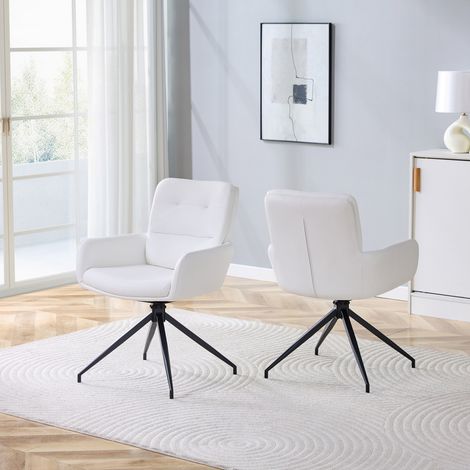 Chaise de salle à manger pivotante 2 pièces 85 cm en PU blanc et métal noir, moderne FloraGrace (1/5)