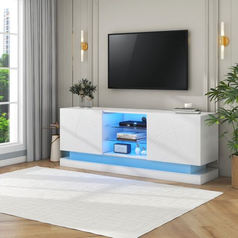 Meuble TV blanc 160 x 38,5 x 60 cm, étagère en verre réglable, pour TV 70 pouces HAVRYA (1/5)