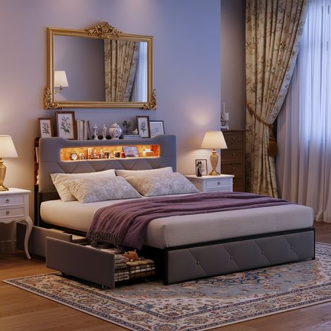 Lit adulte 140x190 cm, 4 tiroirs métalliques, sommier lattes, 3 prises charge, étagères de rangement imitation bois, tête de lit capitonnée - Gris (1/5)