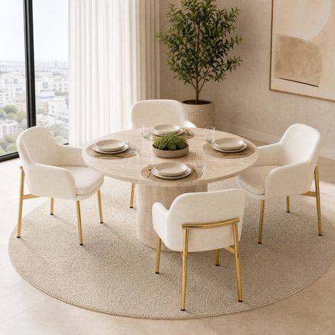 Lot de 4 Chaises de Salle à Manger Rembourrées avec Accoudoirs, pour Table Cuisine, Pieds en Fer Charge 125 kg, Blanc (1/5)