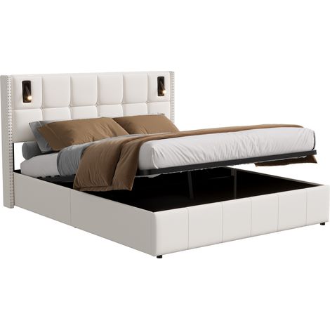 Cama baúl 160x200 con somier, Cama led 160 x 200, Elegante Cama Baúl 160x200 con LED para una Experiencia de Confort y Almacenamiento Inigualable, Beige