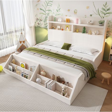 Cama matrimonio 140x200 con estantes y luz OKMYHOME (1/5)