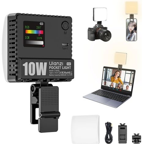 10W Lumiere Photo, C10RGB LED Photo RGB avec 3300mAh Batterie Intégrée Charge, RGB Full Color Mode, éclairage Lampe Vidéo Portable 1800K-9000K Couleur Température Réglable pour la Photographie (1/5)