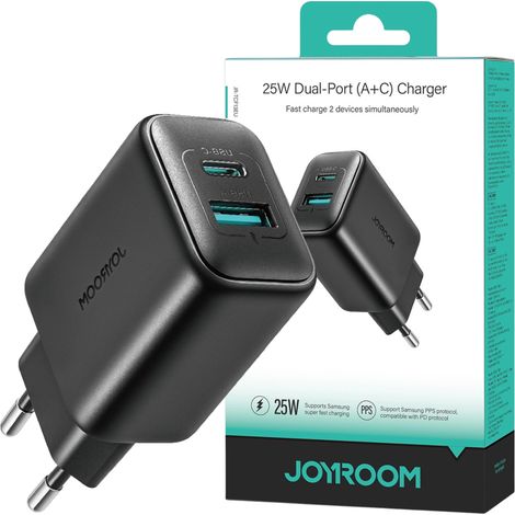 USB-C- und USB-A-25-W-SFC-PPS-PD-Wandladegerät – Schwarz (1/5)