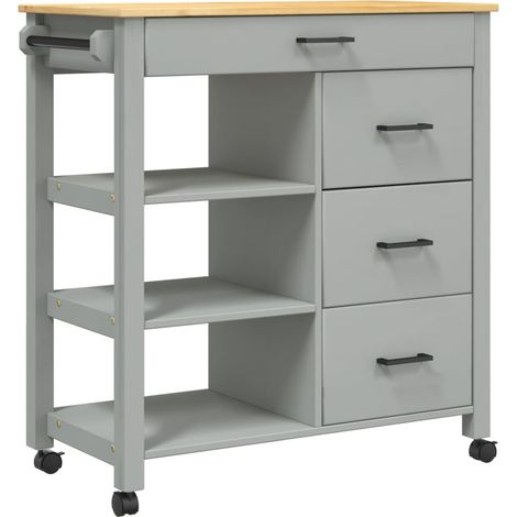 Desserte de cuisine en Pin massif Kitcha 84cm - 4 tiroirs et 3 étagères-Gris (1/5)