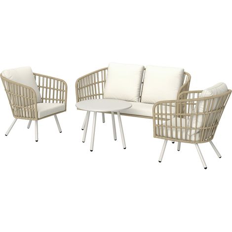 Gartenmöbel Set aus Polyrattan Lounge-Set mit 2er Sofa Sessel Tisch Kissen wetterfest Sitzgruppe für 4 Personen Outdoor Balkonmöbel Set Terrassenmöbel für Garten Balkon Terrasse Khaki 