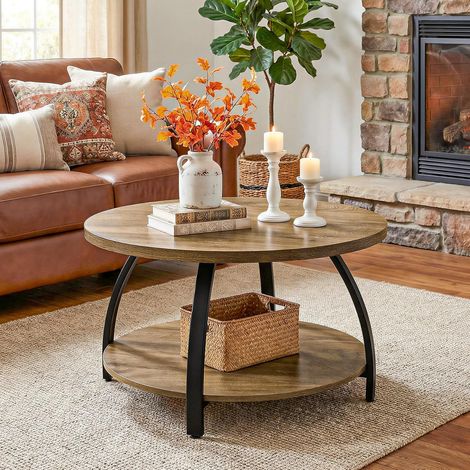 Tribesigns Table Basse Ronde, Table Centrale en Bois de 80 cm avec 2 Étagères de Rangement, Petite Table d'Appoint Ronde Style Fermier pour Salon, Montage Facile, Brun Rustique et Noir (1/5)