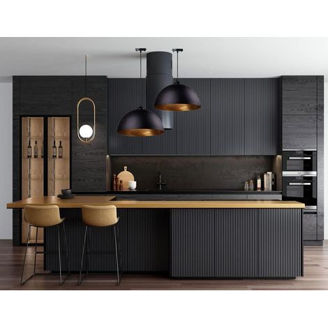 Ensemble de 2 suspensions - Lampes vintage - Design industriel avec panneau intérieur doré - Pour cuisine et salon - Noir et or (1/4)