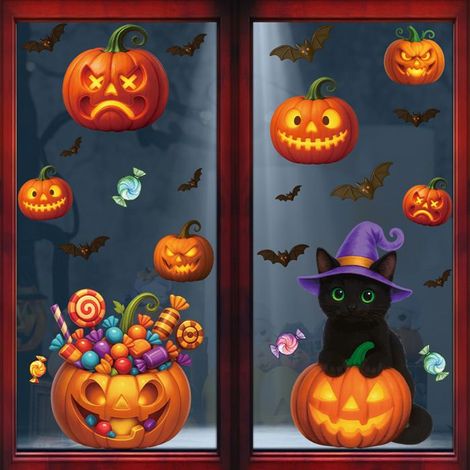 Autocollants citrouille d'Halloween, décorations de fête, lanternes citrouille en bonbons, autocollants statiques, autocollan(L038) (1/5)