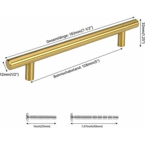 Messinggriff, Küchengriff, Türgriff aus Messing, Schubladengriff aus Messing, Edelstahl, 128 mm Lochabstand, 2 Stück (1/4)