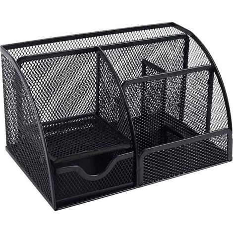 Organiseur bureau métal noir, porte-stylo et tiroir, 6 compartiments pour stylos, agrafeuse, multifonctionnel (1/4)