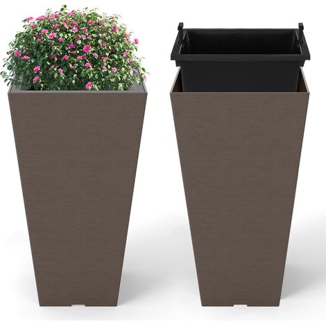 COSTWAY 2 Vasi Alti Quadrati, Vasi da Fiori Auto-irriganti con Secchio Interno Rimovibile e Fori di Drenaggio, Contenitori Decorativi per Piante da Interno ed Esterno (29,5 x 29,5 x 57 cm) (1/5)