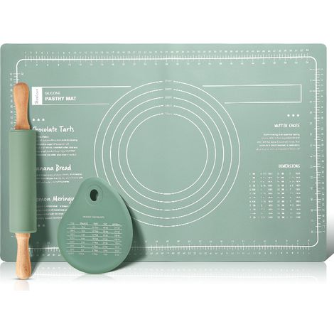 Kit de préparation de pâte, comprenant un rouleau à pâtisserie, un tapis en silicone, un tapis de cuisson d'angle et une brosse de cuisine (verte). (1/5)