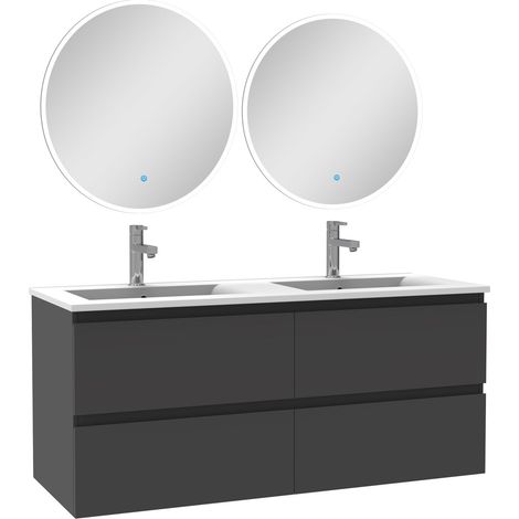 Ensemble meubles Salle de Bain Anthracite 120cm double vasque + miroir lumineux rond