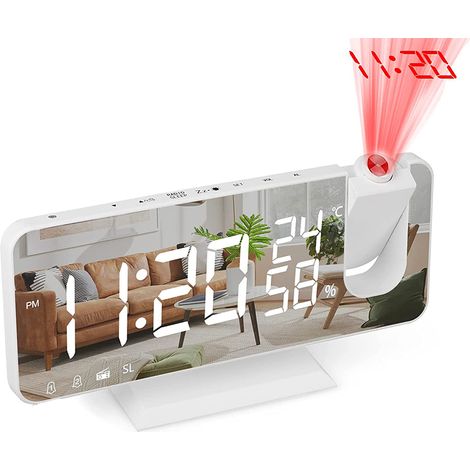 Réveil projecteur de plafond pour chambre à coucher, radio-réveil numérique avec chargeur USB pour téléphone portable, double alarme, grand écran LED, blanc
