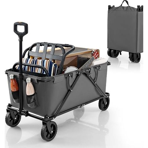 COSTWAY Carrello da Spiaggia Pieghevole, Carrello da Campeggio con Maniglia Regolabile e 360° Ruote, Portabottiglie e Tasca Portaoggetti, 170L, per Campeggio, Spiaggia e Giardino (Grigio) (1/5)
