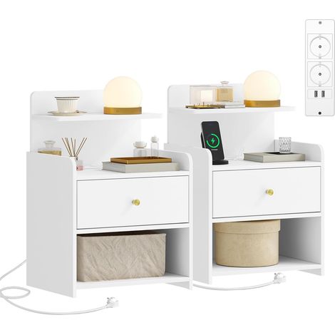 Table de Nuit avec Multiprise, Lot de 2,avec 1 Tiroir, 2 Prises (1/5)