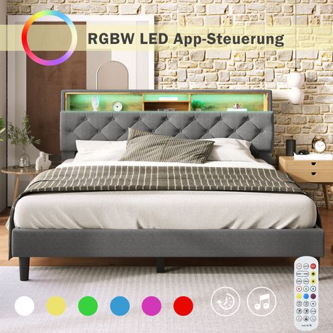 Lit double en tissu avec tête de lit rangement, sommier à lattes en bois, éclairage LED intégré, gris 140x200 cm, matelas inclus (1/5)