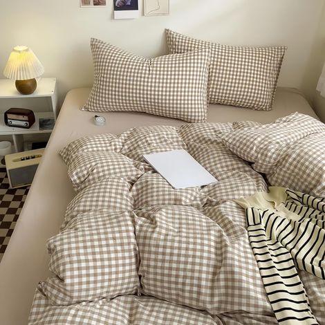 Housse de Couette 220x240 à Carreaux Vichy Beige Marron Moderne