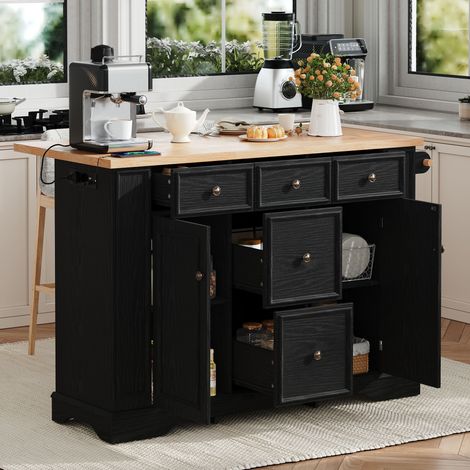 Isola cucina 130,5/40-65/92 cm nera con piano ribaltabile, vano contenitore e prese USB (1/5)