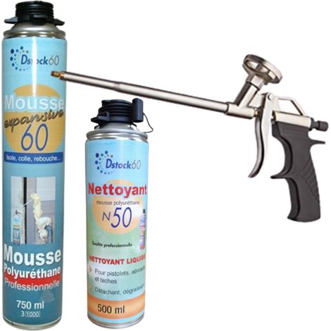 DSTOCK60 - 1 mousse pistolable expansive 750ml + 1 pistolet + 1 nettoyant - Isole. colle. rebouche - ExtÃ©rieur & IntÃ©rieur