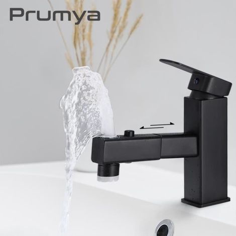 Robinet Salle de Bain Noir en Laiton Design Rétro PRUMYA - Mitigeur Extractible 3 Jets au Choix (1/4)
