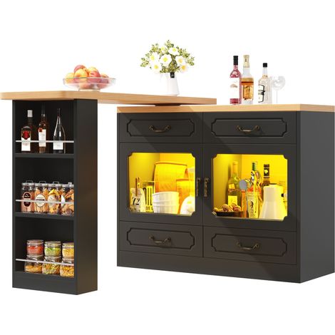 Meuble de bar moderne rotative à 360°- 203x39x93cm - 4 tiroirs et 2 portes - avec étagères latérales - avec LED - noir (1/5)