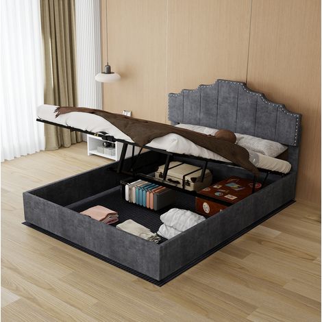 Cama con arcón 140 x 200 cm con colchón, cabecero capitoné gris, OKWISH (1/5)